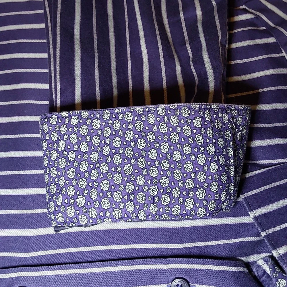 Bugatchi Uomo Mens XL Dress Shirt Classic Fit Flip Cuff Purple Stripe Button‎ Up